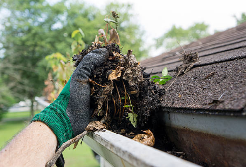Image of a hand removing leaves dirt sticks from gutters